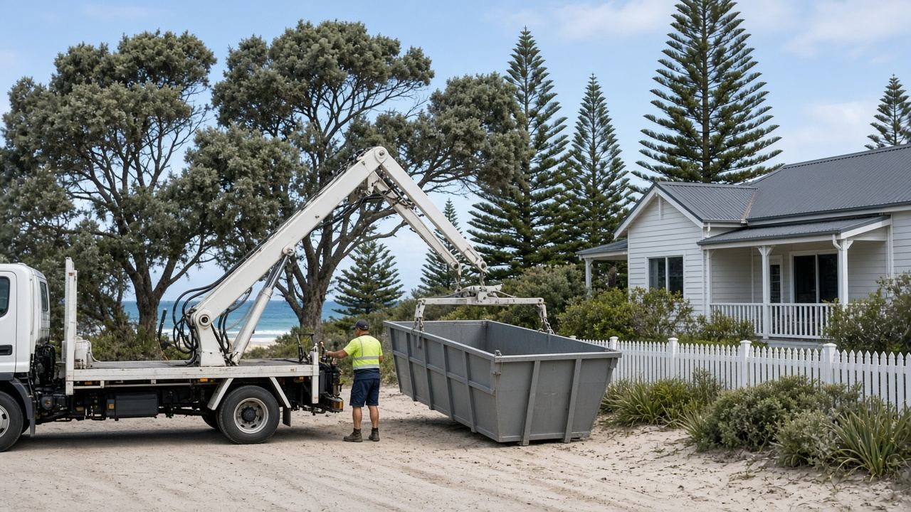 Grey skip bin on a skip truck near the beach