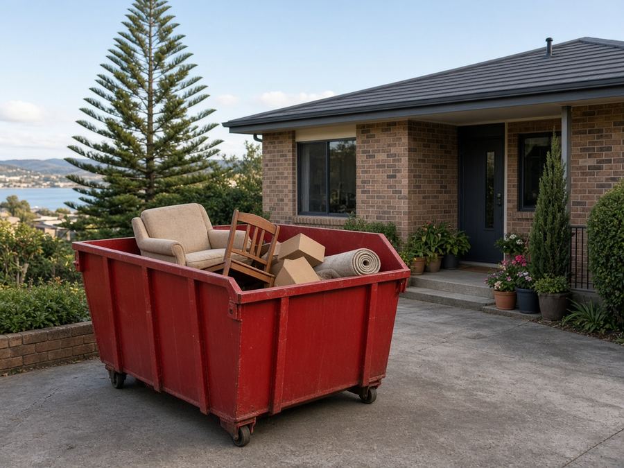 Red skip bin outside a home during a downsizing clear-out