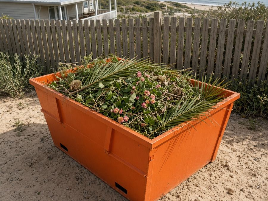 Orange skip bin filled with palm fronds in a coastal garden