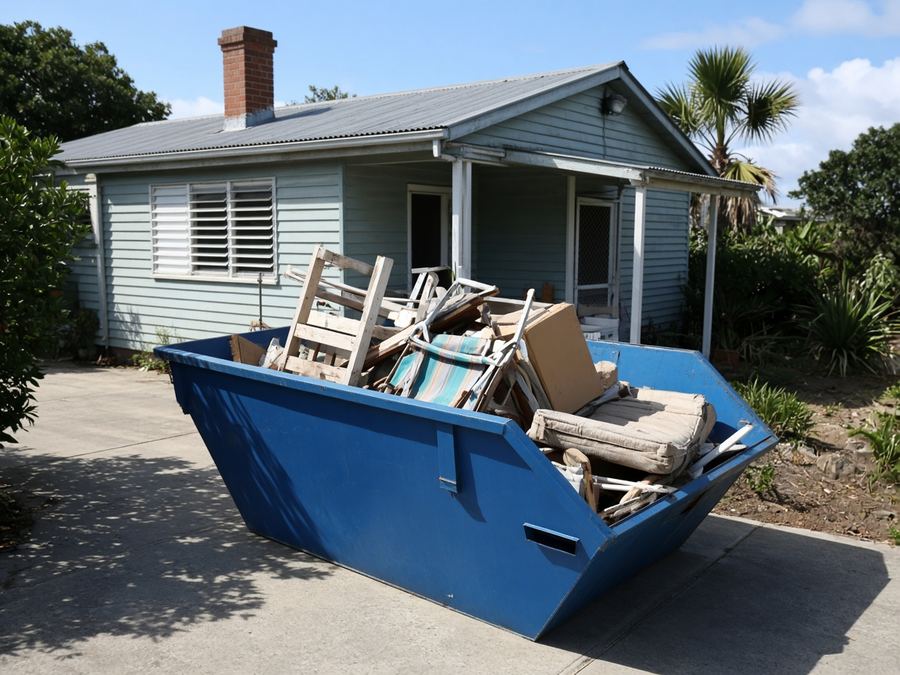 Blue skip bin outside a beach house being cleared out
