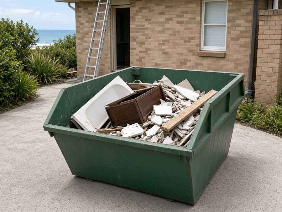 Green skip bin with an old vanity and tiles from a bathroom renovation