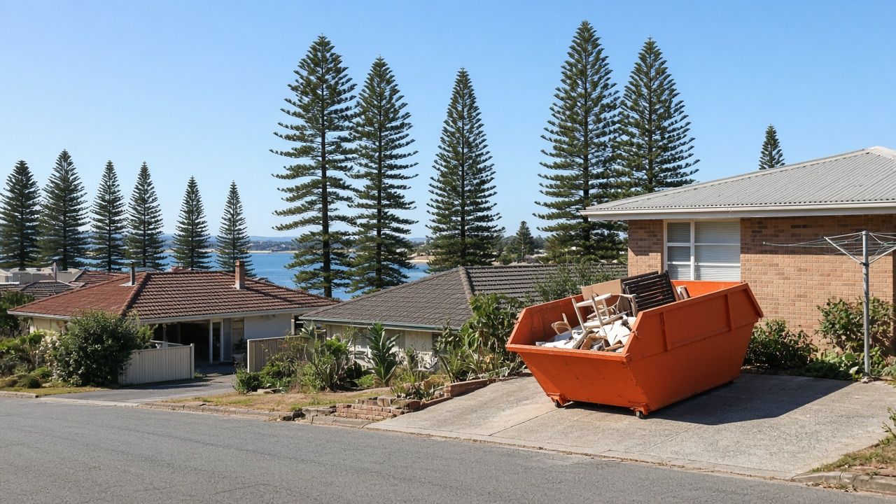 Orange skip bin outside a coastal home with Norfolk Island pines and the lake behind