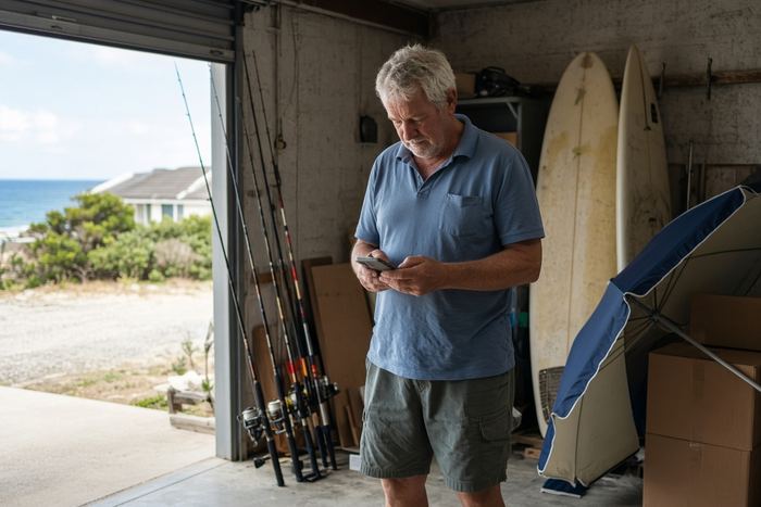 Retired man sorting boxes in his garage before booking a skip