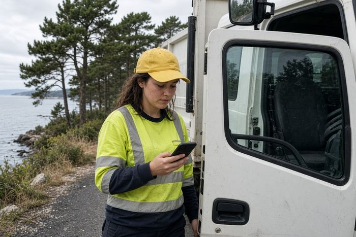 Skip truck driver checking a delivery on her phone