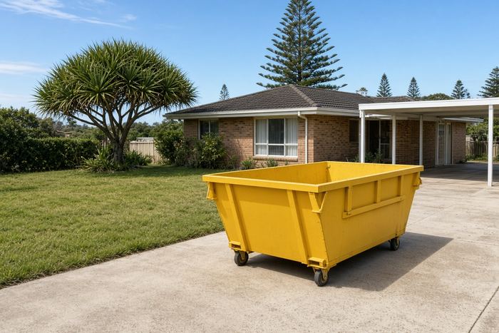 Yellow skip bin placed neatly on a driveway